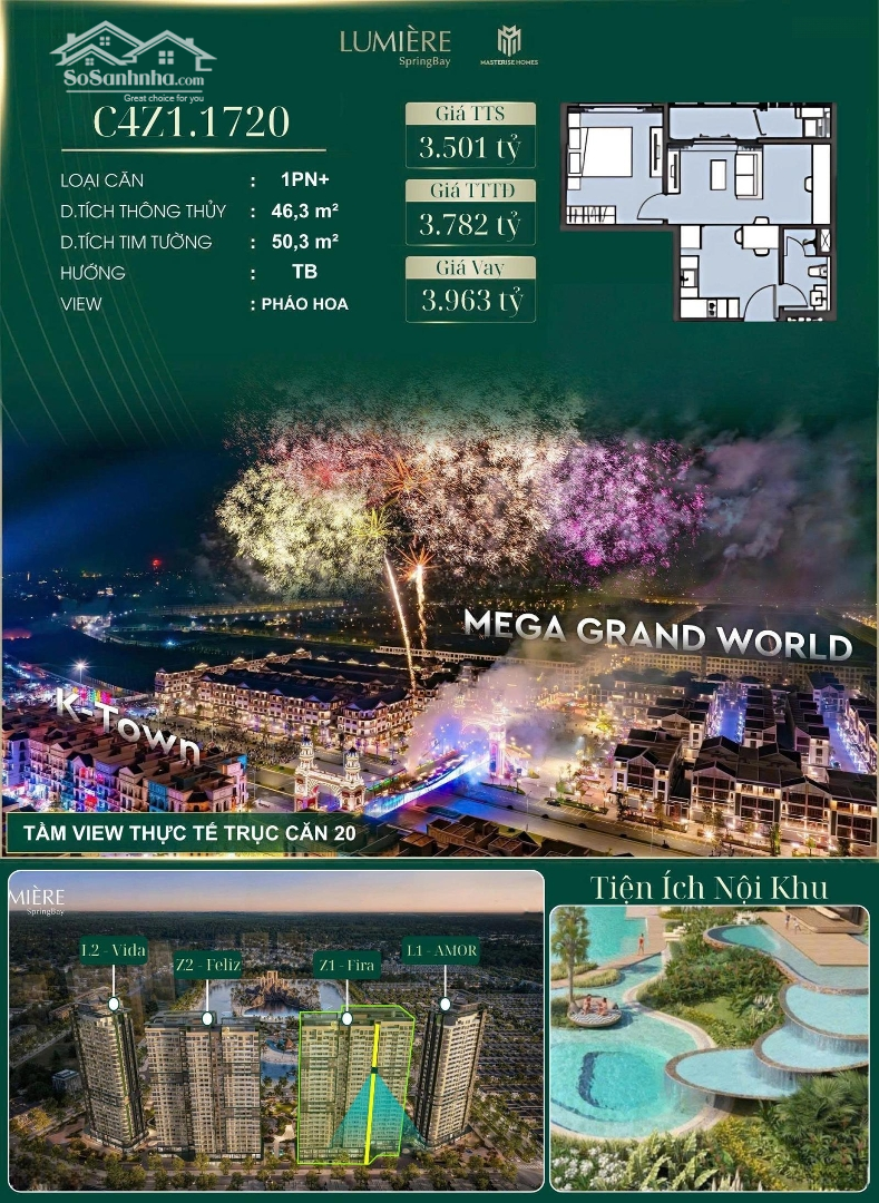 Bán Nhanh Căn 1pn + Hiếm Có Tại Lumiere Spring Bay View Pháo Hoa Siêu đẹp