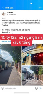 10 tỷ bán đất mt hẻm thông 6 m gần vạn phúc hiệp bình phước thủ đức thổ cư 122,6 m2 .xây 6 tầng
