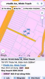 bán lô đất vĩnh thanh, nhơn trạch. đường ô tô 5m, dt đẹp, có 50m2 thổ cư, giá tốt, xuống tiền ngay