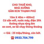 CHO THUÊ 400m2 KHO, NHÀ XƯỞNG GẦN KCN THẠNH PHÚ, ĐƯỜNG NHỰA 8m XE CONT CHẠY THÔNG THOÁNG