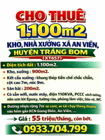 CHO THUÊ 1.100m2 KHO, NHÀ XƯỞNG XÃ AN VIỄN, HUYỆN TRẢNG BOM (XT657)