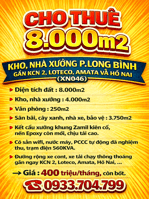 CHO THUÊ 8.000m2 KHO, NHÀ XƯỞNG P.LONG BÌNH GẦN KCN 2, LOTECO, AMATA VÀ HỐ NAI (XN046)