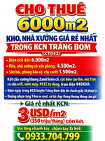 CHO THUÊ 6000m2 KHO, NHÀ XƯỞNG GIÁ RẺ NHẤT TRONG KCN TRẢNG BOM (XT042)