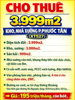 CHO THUÊ 3999m2 KHO, NHÀ XƯỞNG PHƯỚC TÂN, ĐƯỜNG XE CONT, XE TẢI (XN001)