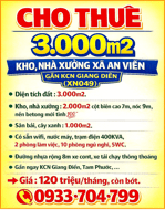 CHO THUÊ 3.000m2 KHO, NHÀ XƯỞNG XÃ AN VIỄN GẦN KCN GIANG ĐIỀN (XN049)