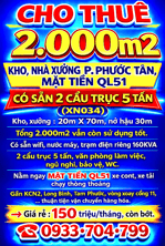 CHO THUÊ 2.000m2 KHO, NHÀ XƯỞNG P.PHƯỚC TÂN, MẶT TIỀN QL51, CÓ 2 CẨU TRỤC 5 TẤN (XN034)