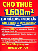 CHO THUÊ 1600m2 KHO, NHÀ XƯỞNG P.PHƯỚC TÂN, ĐƯỜNG XE CONT XE TẢI GẦN VÕ NGUYÊN GIÁP (XT299)