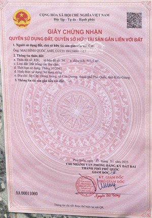 chính chủ cần bán 500 m ấp cây thông trong gần đường lớn tại cửa dương, phú quốc. giá : 1 tỷ 650