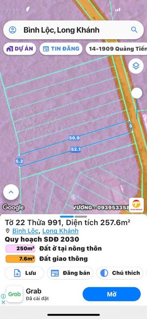 bán gấp đất tại bình lộc - cây da, 7 triệu/m2, 250m2, mặt tiền 5m