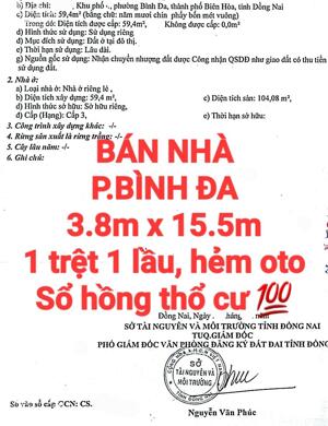 BÁN NHÀ BÌNH ĐA, 1TRỆT 1LẦU, SỔ HỒNG THỔ CƯ, ĐƯỜNG OTO GẦN NHÀ THỜ, TRƯỜNG HỌC