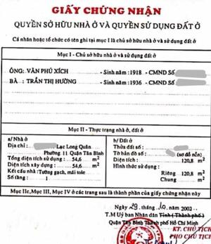 121m2 HXH LẠC LONG QUÂN, P.11, 9ty9, không QH lộ giới
