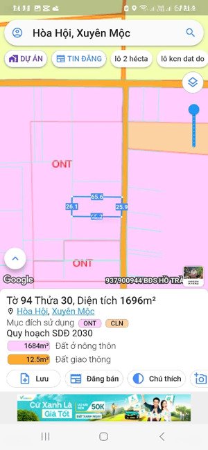 cần bán lô đất hòa hội xuyên mộc 1696mv 26m x 65m có 40m thổ cư giá đầu tư
