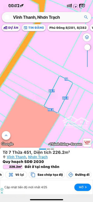 bán đất vĩnh thanh, nhơn trạch, đn. full thổ cư, dt 10mx22,7m, giá đầu tư siêu tốt, lh 0907353383