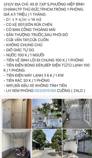 ccho thuê nhà trọ 1pn, 14m2 tại đường 7, hiệp bình chánh, thủ đức, 4,5 triệu vnd giá ưu đãi chỉ với