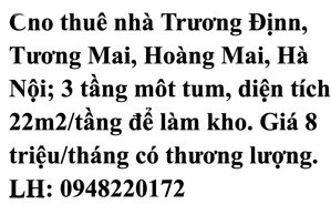 cho thuê nhà làm kho ngõ 206 trương định, tương mai, hoàng mai, hà nội.