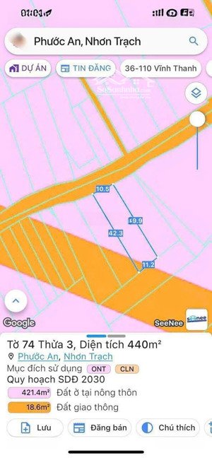 bán đất tại phước an, nhơn trạch, đn, dt 10,5mx40m, trong đó có 75m2 thổ cư. gọi ngay 0907353383