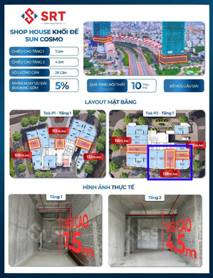 chính thức mở bán shophouse khối đế sun cosmo dt 100m2, ck 5% booking ,giá 1x tỷ sở hữu lâu dài