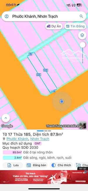 bán gấp đất tái định cư tại phước khánh, nhơn trạch. dt đẹp,4,1mx21m, sang tên luôn trong ngày