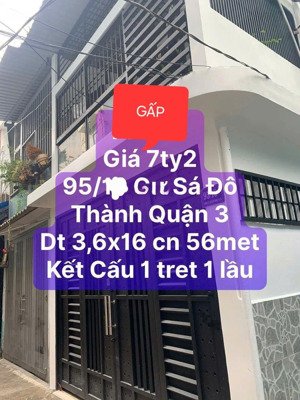 gấp, gâp bán nhà khu cư xá đô thành 56m2 - 2 lầu - 2pn - 7,2 tỏi