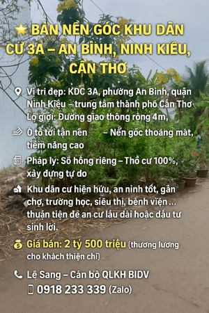 BÁN NỀN GÓC KDC 3A - AN BÌNH, NINH KIỀU, CẦN THƠ