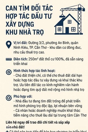 cần tìm đối tác hợp tác đầu tư xây dựng khu nhà trọ đường 3/2