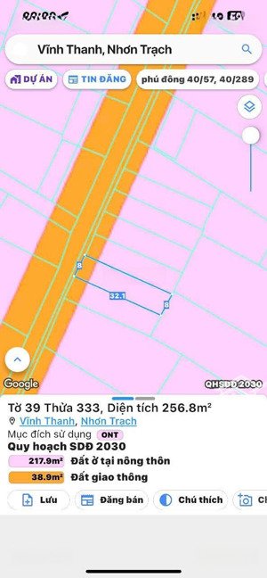 bán nhanh đất tại vĩnh thanh, nhơn trạch, đồng nai. full thổ cư, dt 8mx32m, sổ đỏ sẵn sàng