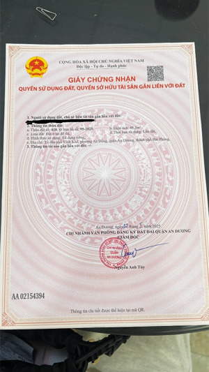 bán lô đất tại tt vĩnh khê, an dương, dt: 48,5m2. mặt tiền 4m. cách cổng chính hh an đồng hơn 100m
