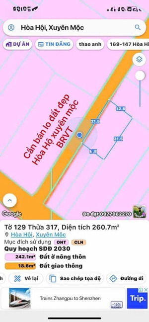 bán đất hoà hội dt:260m2 có 100m2 thổ cư ngang 21mx12m nằm ngay trung tâm xã hoà hội gần trường học