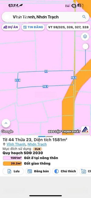 bán đất vĩnh thanh, nhơn trạch, đồng nai. dt 1581m2, sổ đỏ trao tay, sinh lời nhanh trong tương lai