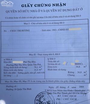 35M2 HẺM THÔNG PHÚ THỌ HOÀ, Ngang 5m nở hậu, 3.69 tỷ