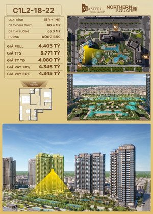 căn hộ masteri 1pn + 1 và 2wc tại vinhomes ocean park 2. giá tốt chỉ: 3,771 tỷ với 60,4m2