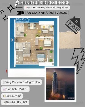 cc cần bán căn hộ 2pn chung cư bid residence 104 tố hữu -rẻ nhất quận hà đông giá 42tr/m2, dt 85m2