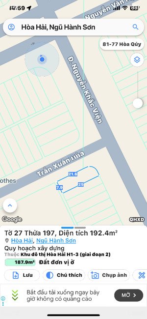 bán lô đất biển 2 mặt tiền nguyễn khắc viện đường 7m5, đà nẵng dt: 192m (ngang 8m)