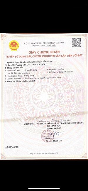 bán đất tại xóm mới, xã thu phong, huyện cao phong, hòa bình. diện tích 346.3 m2