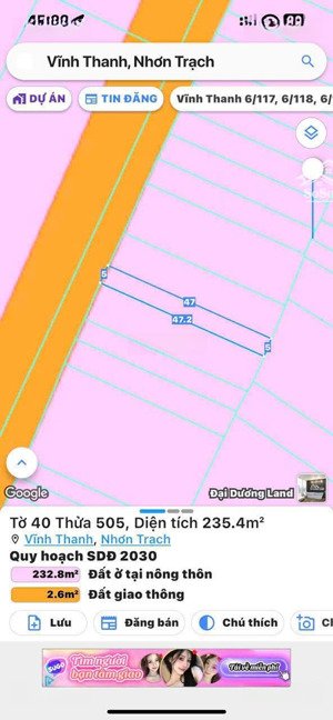 bán đất vĩnh thanh, nhơn trạch, đn. dt 5mx47m, giá đầu tư, chuyển giao nhanh chóng, lh 