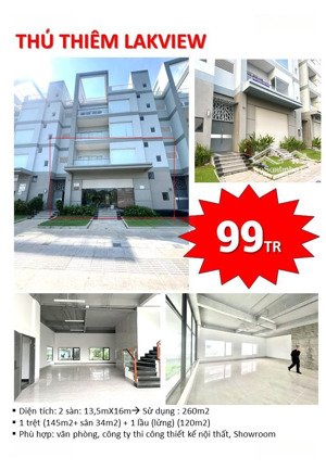 chuyên cho thuê vp thủ thiêm lakeview, 260m2/99tr, 1 trệt + 1 lầu, ngang 13,5m, mt đường tố hữu