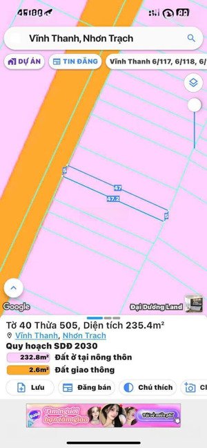 bán đất tại vĩnh thanh, nhơn trạch, đn. dt 5mx47m, vị trí 1 xẹt hùng vương, hợp đầu tư sinh lời