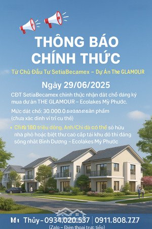 cđt setiabecamex chính thức nhận đặt chỗ đăng ký mua dự án the glamour ecolakes mỹ phước.