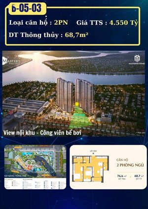 bán căn hộ 2pn giá chỉ 4,55 tỷ - 74,3m2 tại masteri rivera danang, view trọn vẹn pháo hoa diff