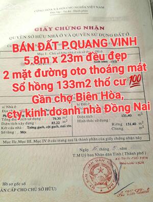 BÁN RẺ 133m2 ĐẤT QUANG VINH, 2 MẶT ĐƯỜNG OTO THÔNG THOÁNG, SỔ HỒNG THỔ CƯ GẦN CHỢ BIÊN HÒA