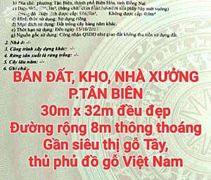 BÁN ĐẤT, KHO, NHÀ XƯỞNG 939m2 P.TÂN BIÊN, SỔ HỒNG RIÊNG, ĐƯỜNG RỘNG 6m (X008)