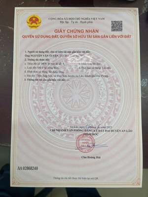 duy nhất cạnh cụm sao vàng, an lão giá 675 tr/60,8m2 ngõ 5m, mặt tiền gần 6m, cạnh trường học