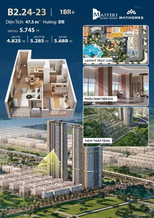 vin cổ loa bán căn 1pn + 1, 47.5m2 tầng 24 masteri hướng đb view sông hoàng giang, giá 4,82 tỷ