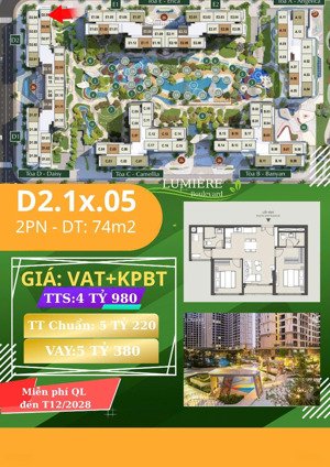 bán cc tại lumiere boulevard, 4,98 tỷ, 74m2, 2pn, 2wc, view đẹp, giá tốt