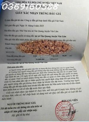 Bán đất đấu giá giãn dân Tân Quang - Văn Lâm - Hưng Yên (Chính chủ trúng đấu giá)