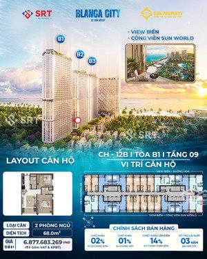 còn duy nhất 1 căn lầu 9, 2p2wc giá gốc cđt 5ty060 view sun world tòa b1 đủ tiện ích blanca city