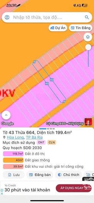 bán lô đất đường hùng vương 199m2 x.hoà long bà rịa không lỗi giá 3 tỷ 850
