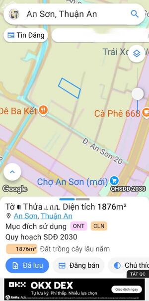  Giá Chỉ 6 triệu/mét. Đất 1,876m Có ONT 200m Vị trí / An Sơn 20.Thuận An.Tp.HCM.