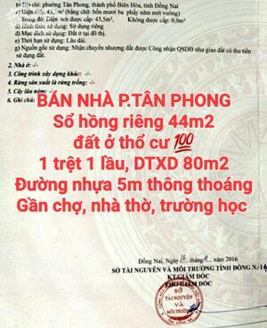 BÁN NHÀ TÂN PHONG, 1 TRỆT 1 LẦU, SỔ HỒNG THỔ CƯ, ĐƯỜNG NHỰA RỘNG 5m THÔNG THOÁNG (NP452)