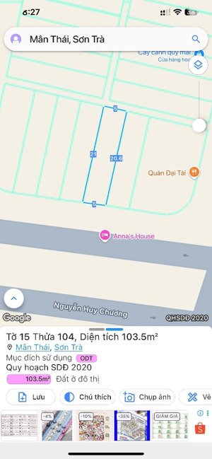 bán đất đường nguyễn huy chương, cách biển 200m, dt 105m2, ngang 5m, giá chỉ 14 tỷ